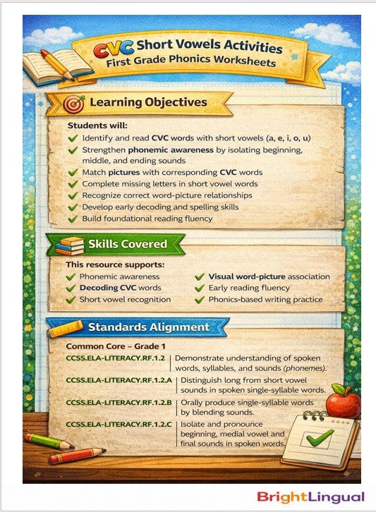 CVC Short Vowels Activities | First Grade Phonics Worksheets | Printable Reading Practice