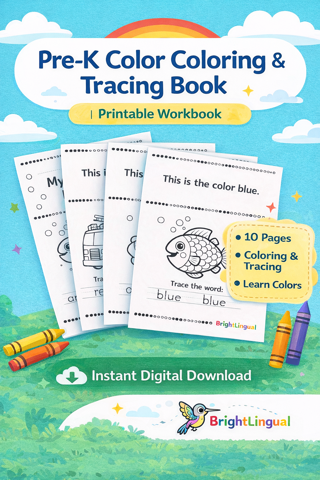 Pre-K Color Coloring & Tracing Book | English | Printable Workbook