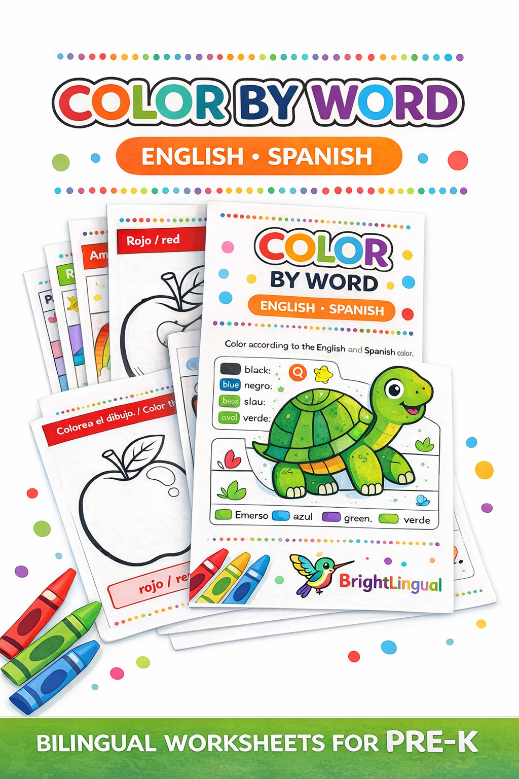 Pre-K Color by Word Worksheets | Bilingual English & Spanish | BrightLingual