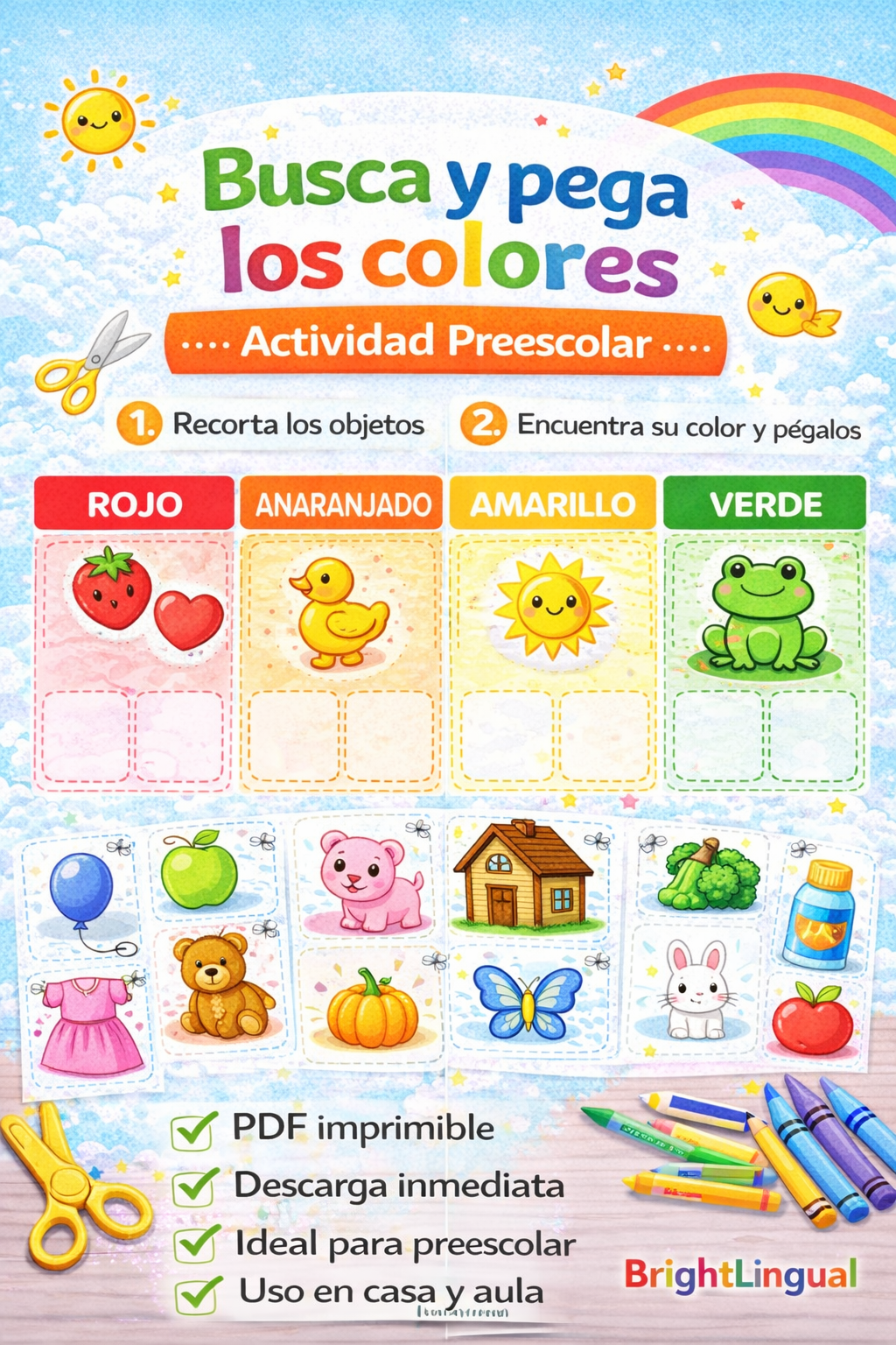 Busca y pega los colores – Pre-K | Actividad de cortar y pegar por colores (PDF imprimible)