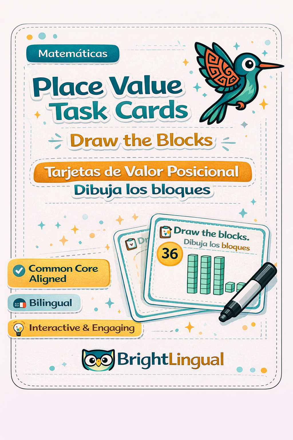 Place Value Task Cards | Valor Posicional | Bilingual Math Activity | Draw the Blocks | 1st Grade