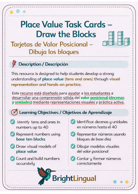 Place Value Task Cards | Valor Posicional | Bilingual Math Activity | Draw the Blocks | 1st Grade