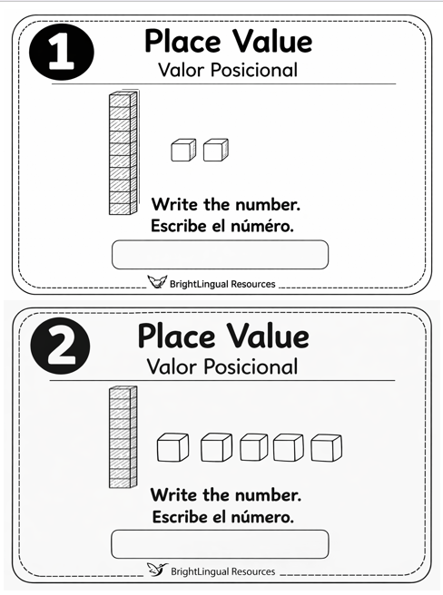 Place Value Task Cards | Valor Posicional | Bilingual Math Activity | Draw the Blocks | 1st Grade