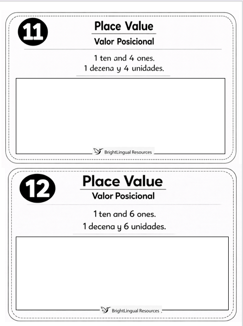 Place Value Task Cards | Valor Posicional | Bilingual Math Activity | Draw the Blocks | 1st Grade