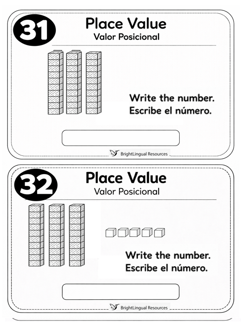 Place Value Task Cards | Valor Posicional | Bilingual Math Activity | Draw the Blocks | 1st Grade