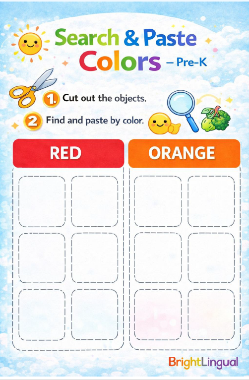 Pre-K Color Cut and Paste Worksheets – English
