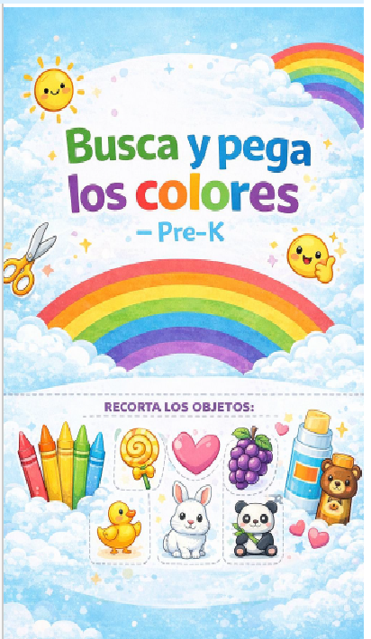 Busca y pega los colores – Pre-K | Actividad de cortar y pegar por colores (PDF imprimible)
