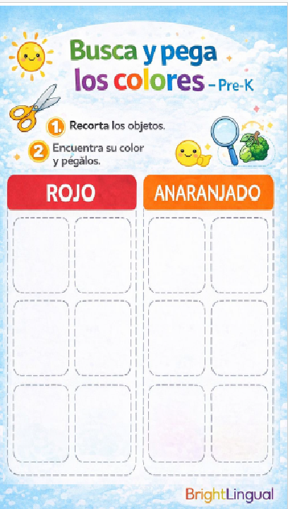 Busca y pega los colores – Pre-K | Actividad de cortar y pegar por colores (PDF imprimible)