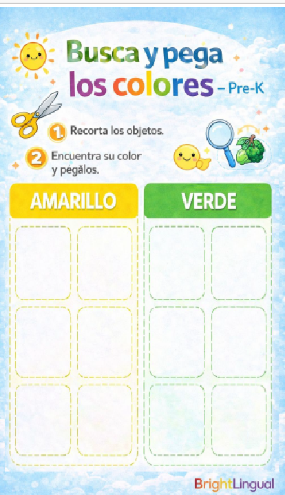 Busca y pega los colores – Pre-K | Actividad de cortar y pegar por colores (PDF imprimible)